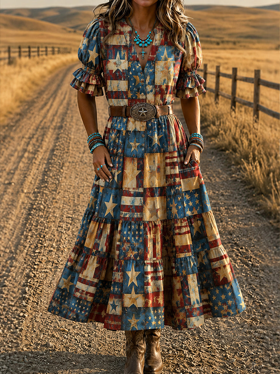 Women's Retro Art Print Washed Cotton Layered Patchwork Midi Dress